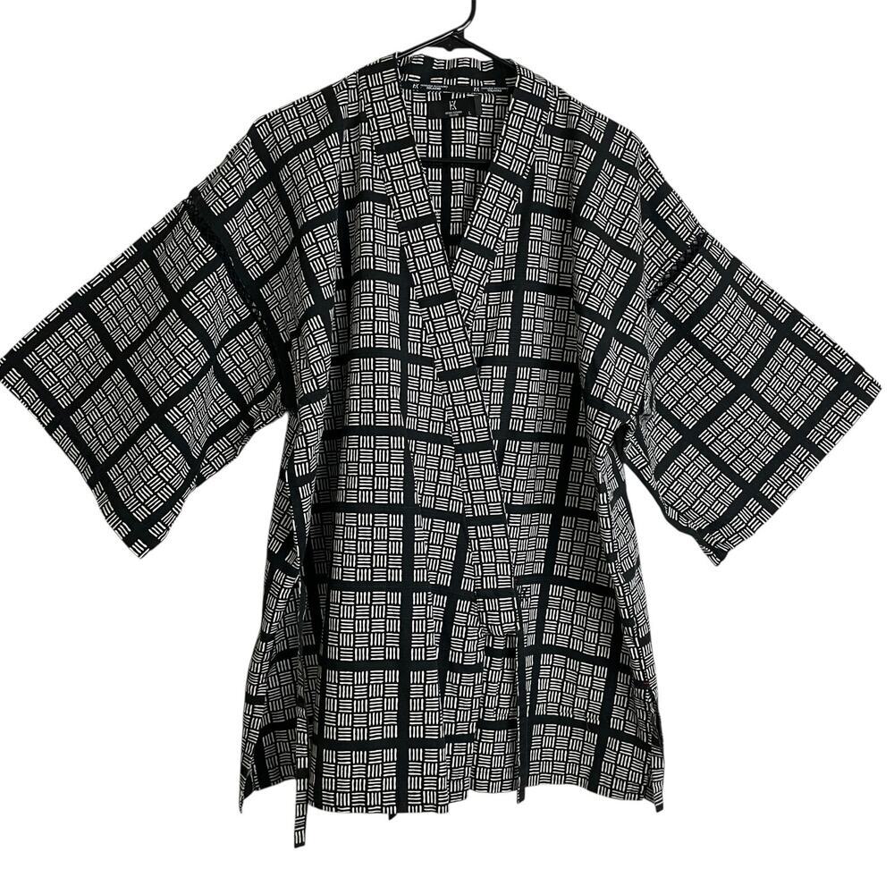Hiroko Koshino Relaxing Kimono Robe Black White Cotton Tie Printed Japanese